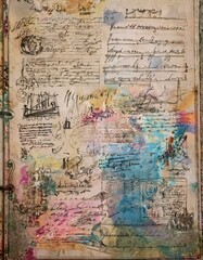 Naklejka premium Abstract art on a vintage book page with hand-drawn illustrations and music notes, painted with splashes of blue, pink and yellow.