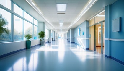 Obraz premium A long and bright hallway in a modern building with light blue walls and large windows. The hallway is empty and leads to an open area at the end.
