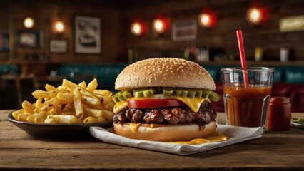 Classic American Cuisine - Juicy Burger, BBQ Ribs, and Crispy Fries with Rustic Diner Vibes