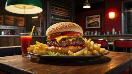 Classic American Cuisine - Juicy Burger, BBQ Ribs, and Crispy Fries with Rustic Diner Vibes