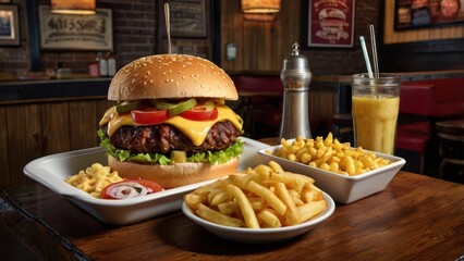Classic American Cuisine - Juicy Burger, BBQ Ribs, and Crispy Fries with Rustic Diner Vibes