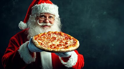 Santa Claus holds a pizza in front of a dark blue background