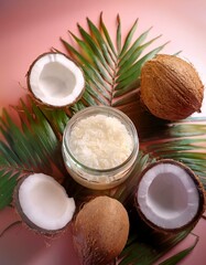 Fresh coconuts with shredded coconut on a pink background.