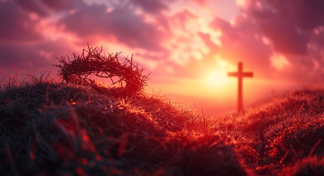 Silhouette of Cross, Crown of Thorns and Nails at Sunset on Hill, Concept for Palm Sunday, Lent, Passion Week, Easter Background, Suffering and Resurrection of Jesus Christ