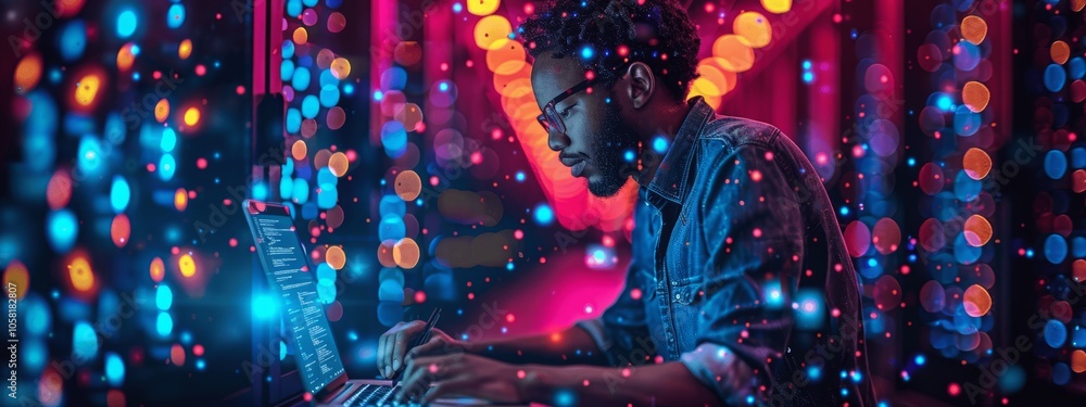 Poster Digital designer working on laptop with server room data center background, creating website design, writing code, business technology, digital twin virtual realities, IT support, database management