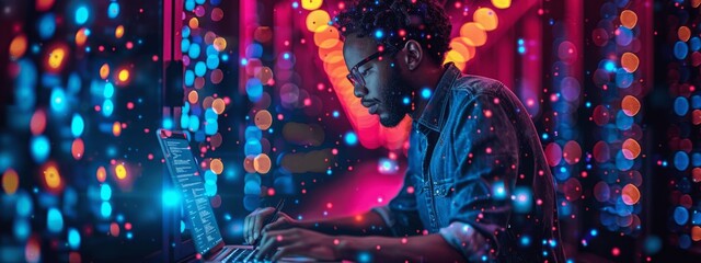 Digital designer working on laptop with server room data center background, creating website design, writing code, business technology, digital twin virtual realities, IT support, database management