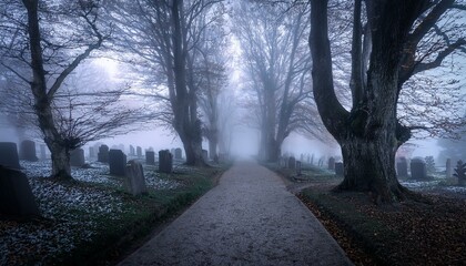 Fototapeta premium A foggy path winds through a cemetery, lined with bare trees and tombstones.