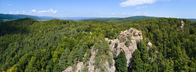 Fototapeta premium Aerial view of bright landscape with green forest trees and big rocky boulders between dense woods in summer. Beautiful scenery of wild woodland