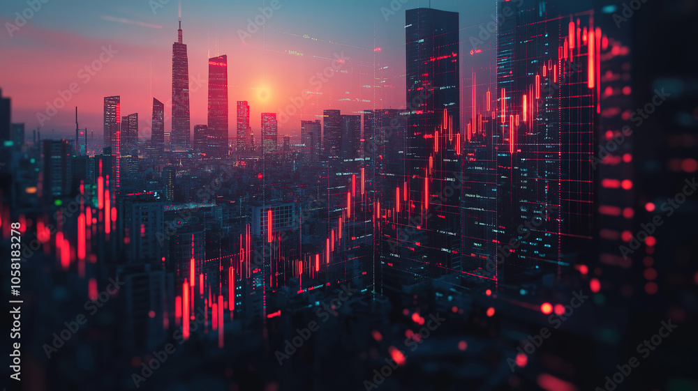 Poster navigating stock exchange insights with layered candlestick charts and city view graphics