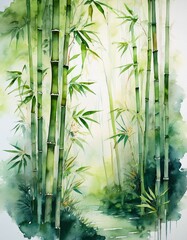 Watercolor painting of a bamboo forest with a small stream flowing through it.