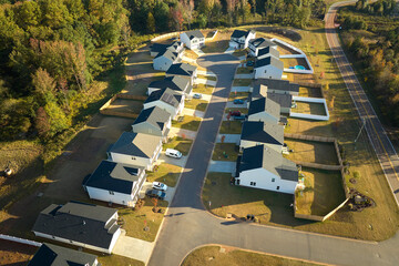 Aerial view of cul-de-sac at neighborhood street dead end with tightly packed homes in South...