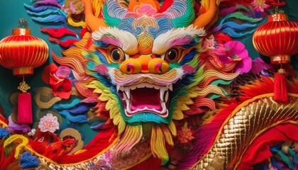 Naklejka premium A colorful dragon head with red lanterns, a symbol of good luck and fortune in Chinese culture.