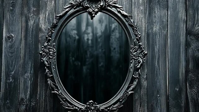 An ornate, oval mirror hangs on a dark wooden wall, reflecting a shadowy forest