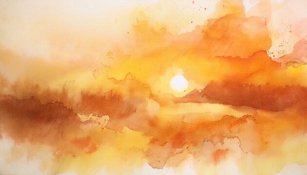 A watercolor painting depicting a bright sunset with warm hues of orange and yellow.