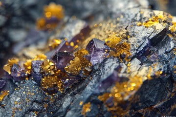 Macro Shot of Gold and Silver Pyrite Crystals with Purple Opals and Yellow Moss on Rock Surface