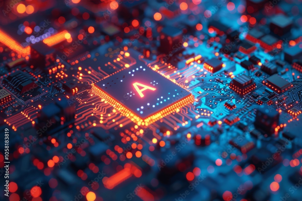 Aufkleber High-Tech AI Processor on Circuit Board with Red and Orange Lighting