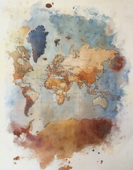 A watercolor painting of a world map with a vintage feel.