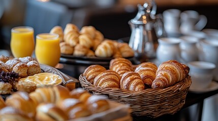 A lavish breakfast spread featuring pastries, juices, and coffee.