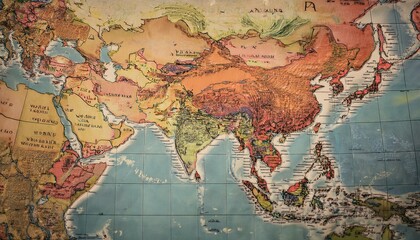 Naklejka premium A vintage map of Asia, showcasing the continent's diverse geography and countries.
