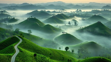 A misty morning in the mountains, with low clouds hovering over green peaks, and a winding path leading into the fog 