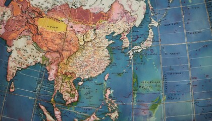 A close-up view of a vintage globe showing the continents of Asia and Australia. The globe is worn and faded, suggesting it's been well-used.