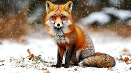 Obraz premium A striking red fox sitting alertly in a snowy landscape, with its fur contrasting against the white background, showcasing the beauty of nature in winter