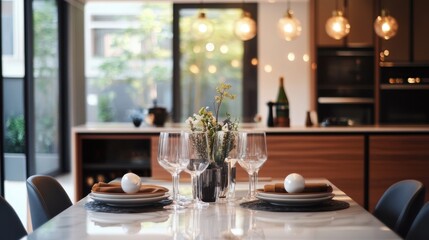 A chic dining area with a stylish table setting, modern decor