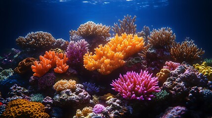 Naklejka premium A vibrant underwater scene showcasing a diverse coral reef teeming with life. The reef's colorful corals, sponges, and algae create a mesmerizing display of nature's beauty.