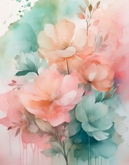 Fototapeta premium Watercolor painting of delicate pink and green flowers with a soft, dreamy feel.