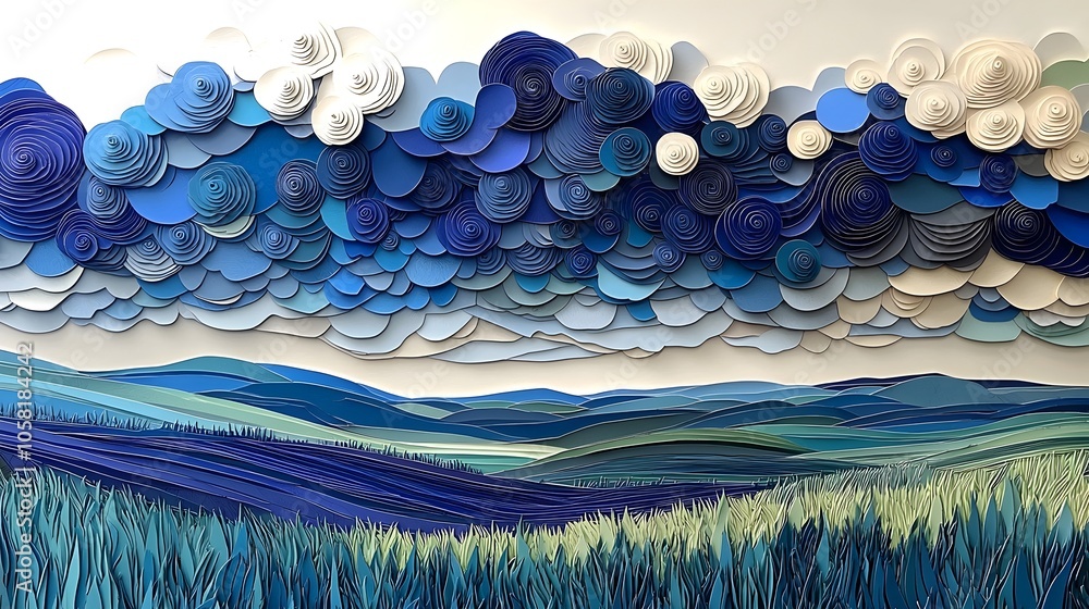 Poster layered papercut style digital depicting a rainstorm over a field with abstract layered raindrops an
