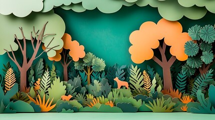 Lush Green Layered Paper Cut Forest Landscape with Vibrant Trees Bushes and Wildlife Silhouettes  Dimensional and Stylized Nature Scene with Organic Textures and Patterns