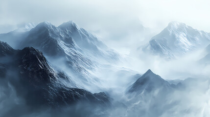 Obraz premium Extreme close-up tranquil horizon misty mountains bathed in soft light. Foggy Mountains. Illustration