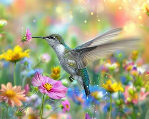 Naklejka premium A hummingbird hovers in mid-air, feeding on nectar from a flower. AI.