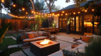 A cozy outdoor patio with string lights, comfortable