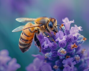 A bee collects nectar from a purple flower. AI.
