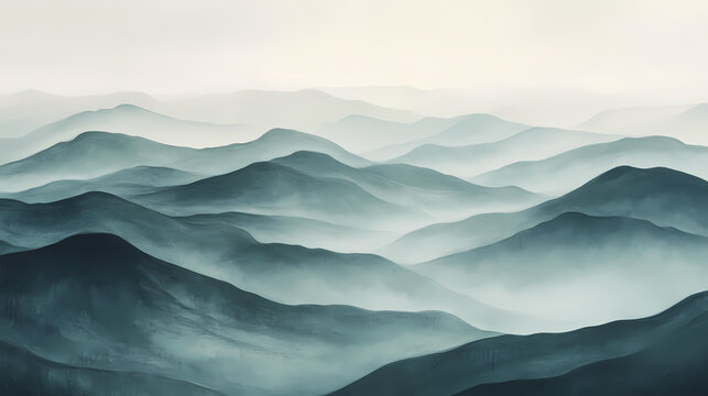 Extreme close-up tranquil horizon misty mountains bathed in soft light. Foggy Mountains. Illustration