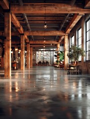 A spacious interior with exposed beams and a polished concrete floor. AI.