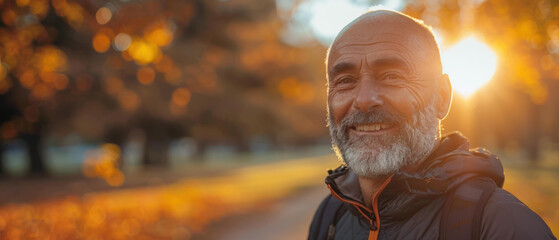 A man smiles warmly as the sun shines behind him. AI.