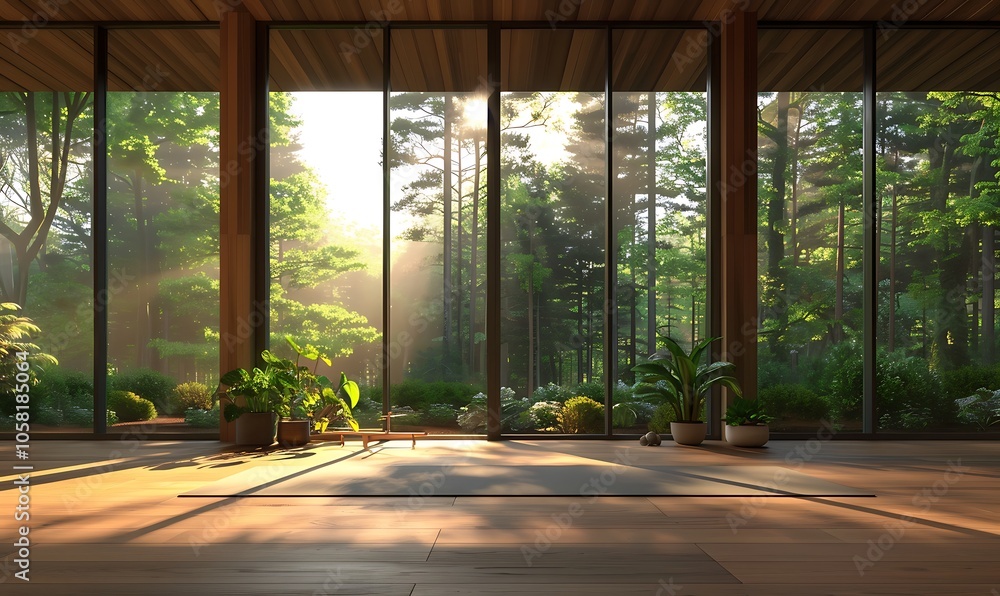 Fototapete a serene interior space with large windows, surrounded by greenery, allowing soft sunlight to filter