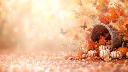 A cornucopia overflowing with pumpkins and autumn leaves, surrounded by scattered leaves and flying butterflies on a blurred background.