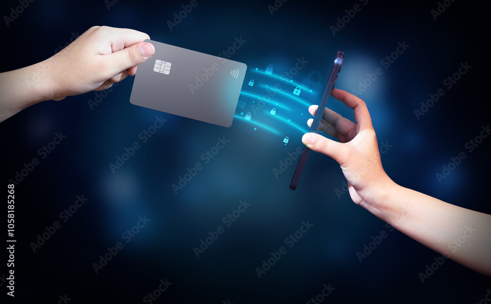 Poster secure and online payment with a card on a smartphone, as well as the latest technology concept with