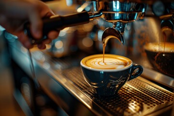 A barista pours espresso into a cup to make a latte. AI.