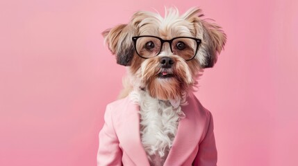 A portrait of a cute little dog like a living doll dressed in a pink suit and wearing glasses.