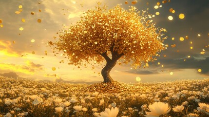 A golden tree with branches heavy with gold coins,