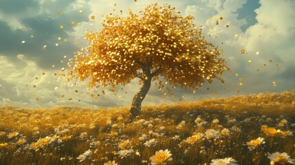 Fototapeta premium A golden tree with branches heavy with gold coins,