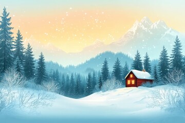 Fototapeta premium Minimalist scene of a red cabin surrounded by snowy fields at sunrise framed by tall pine trees and a distant mountain range evoking calm and solitude in nature