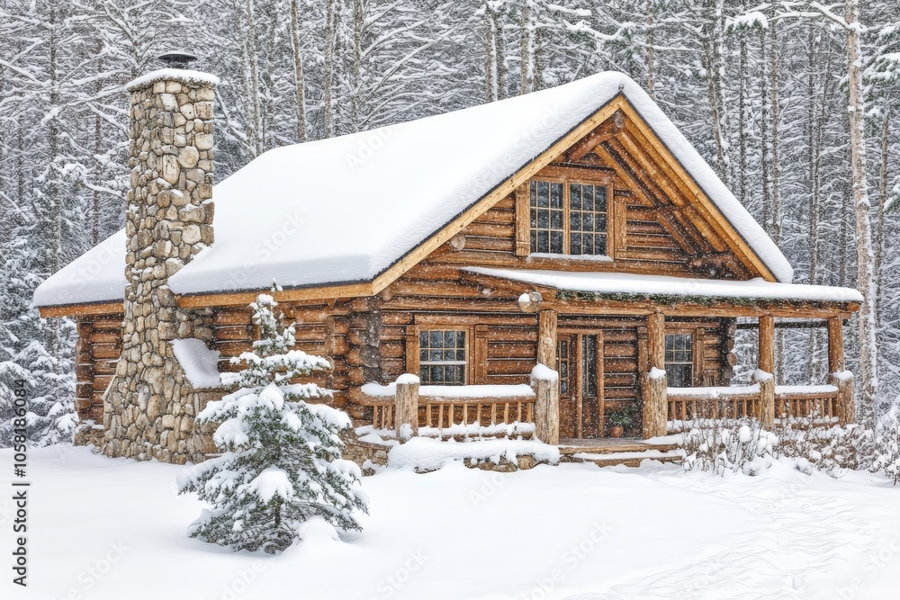 Poster traditional log cabin surrounded by dense snowy forest with a warm glow emanating from windows embod