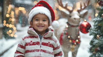 Hispanic little boy wearing santa hat playing with reindeer in Christmas