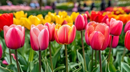 A Close-Up View of Colorful Tulips in Bloom
