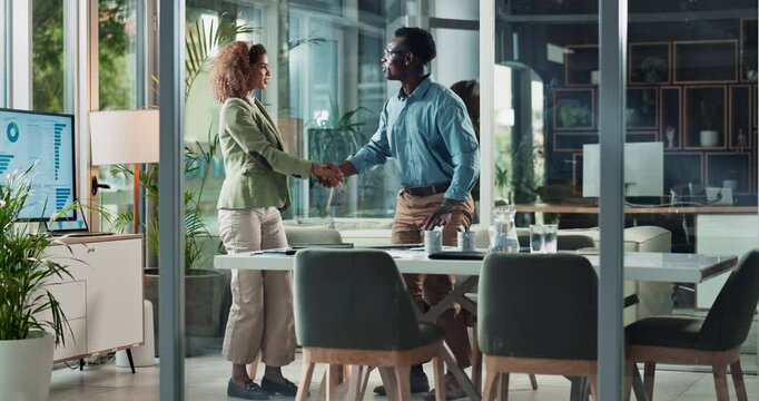 Handshake, business and people in office meeting with partnership for contract and deal success. Shaking hands, trust and client for thank you with feedback teamwork as collaboration or b2b agreement